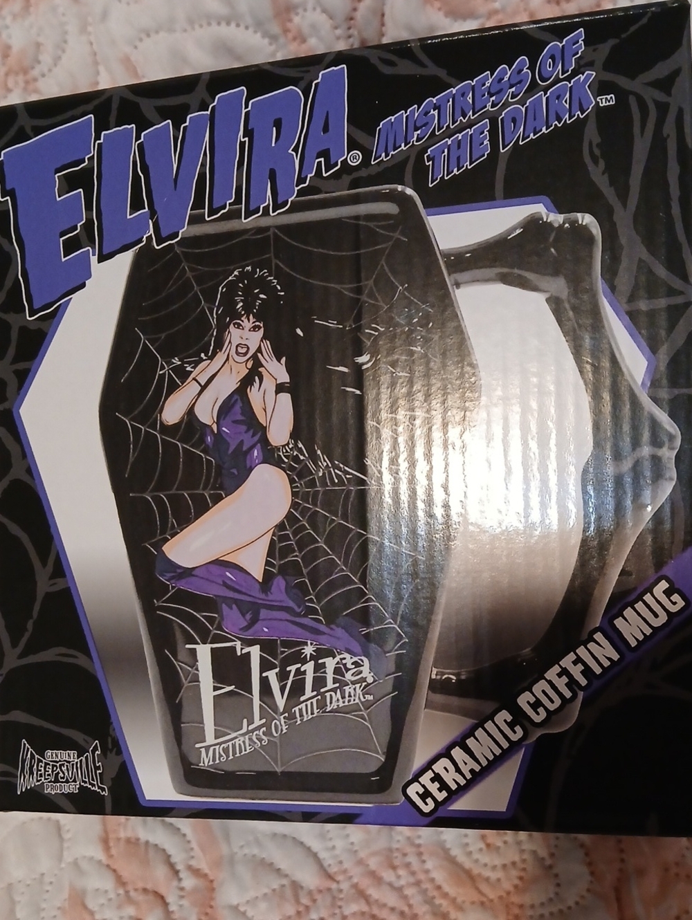 Elvira Ceramic Coffin Mug — Black & Purple